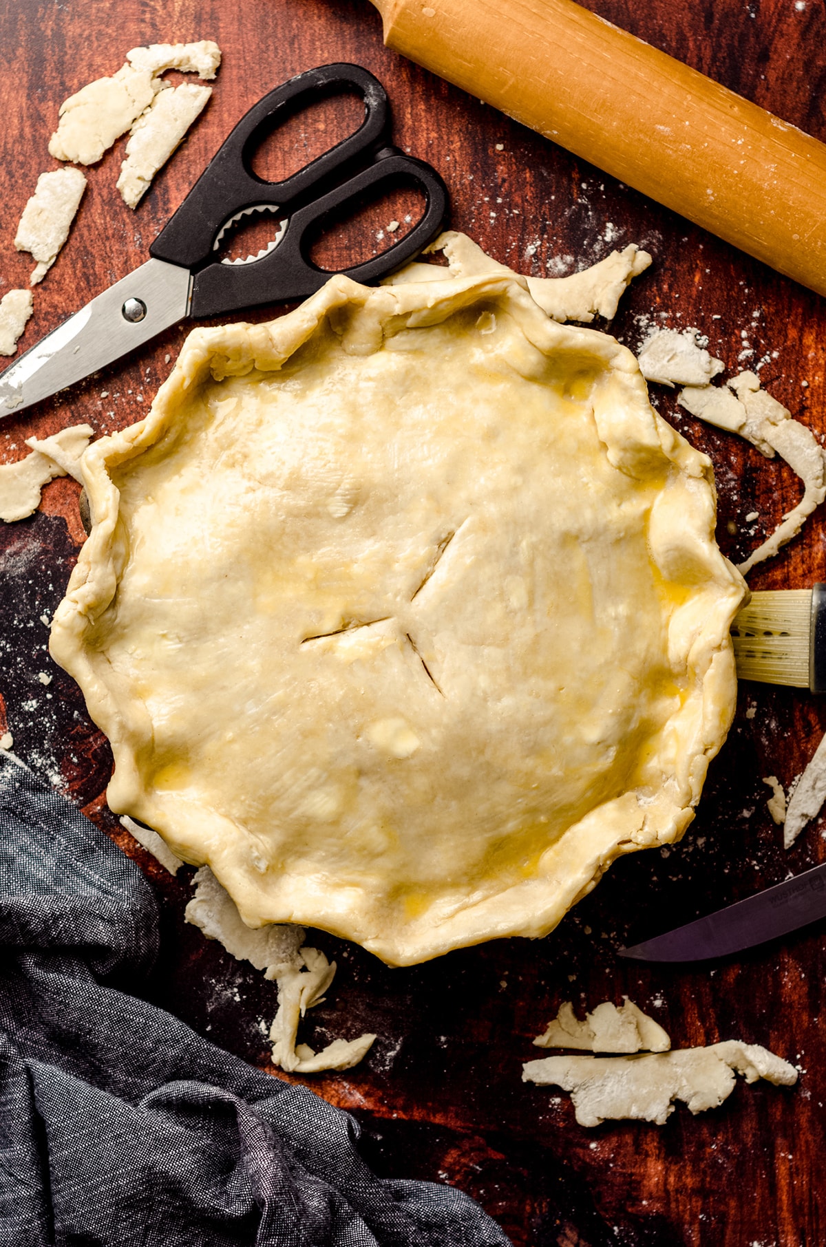 aerial view of chicken pot pie in a pie plate ready to bake