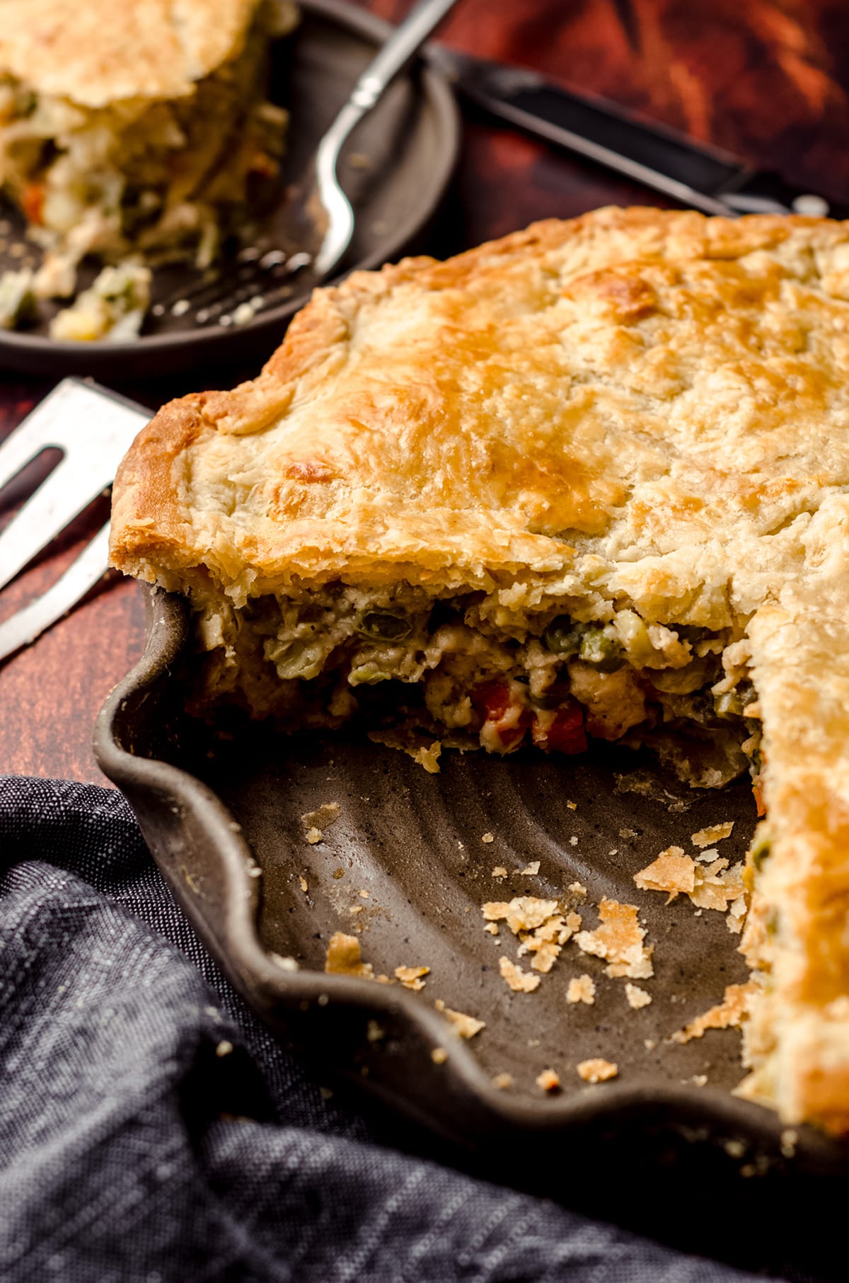 chicken pot pie in a pie plate