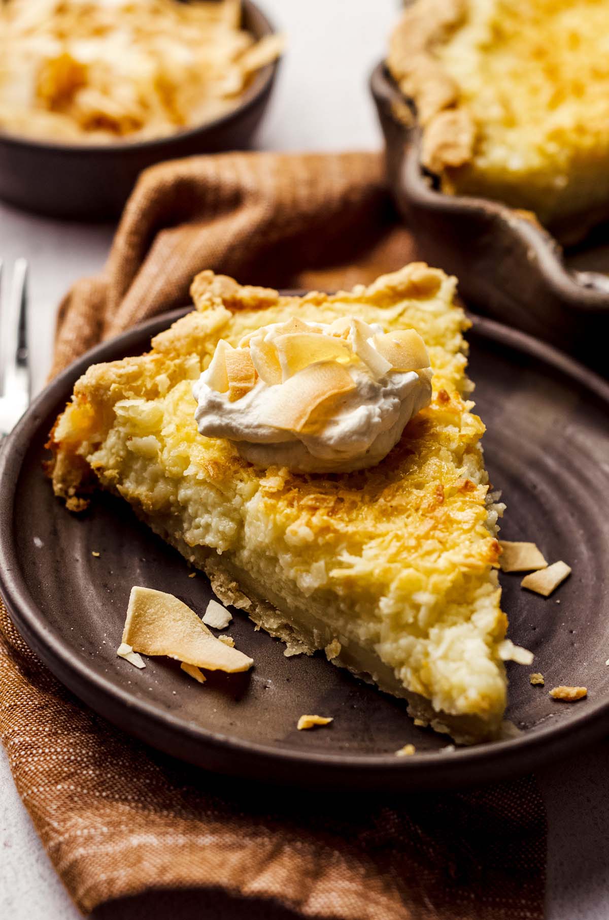 A slice of pie with a dollop of whipped cream on a plate.