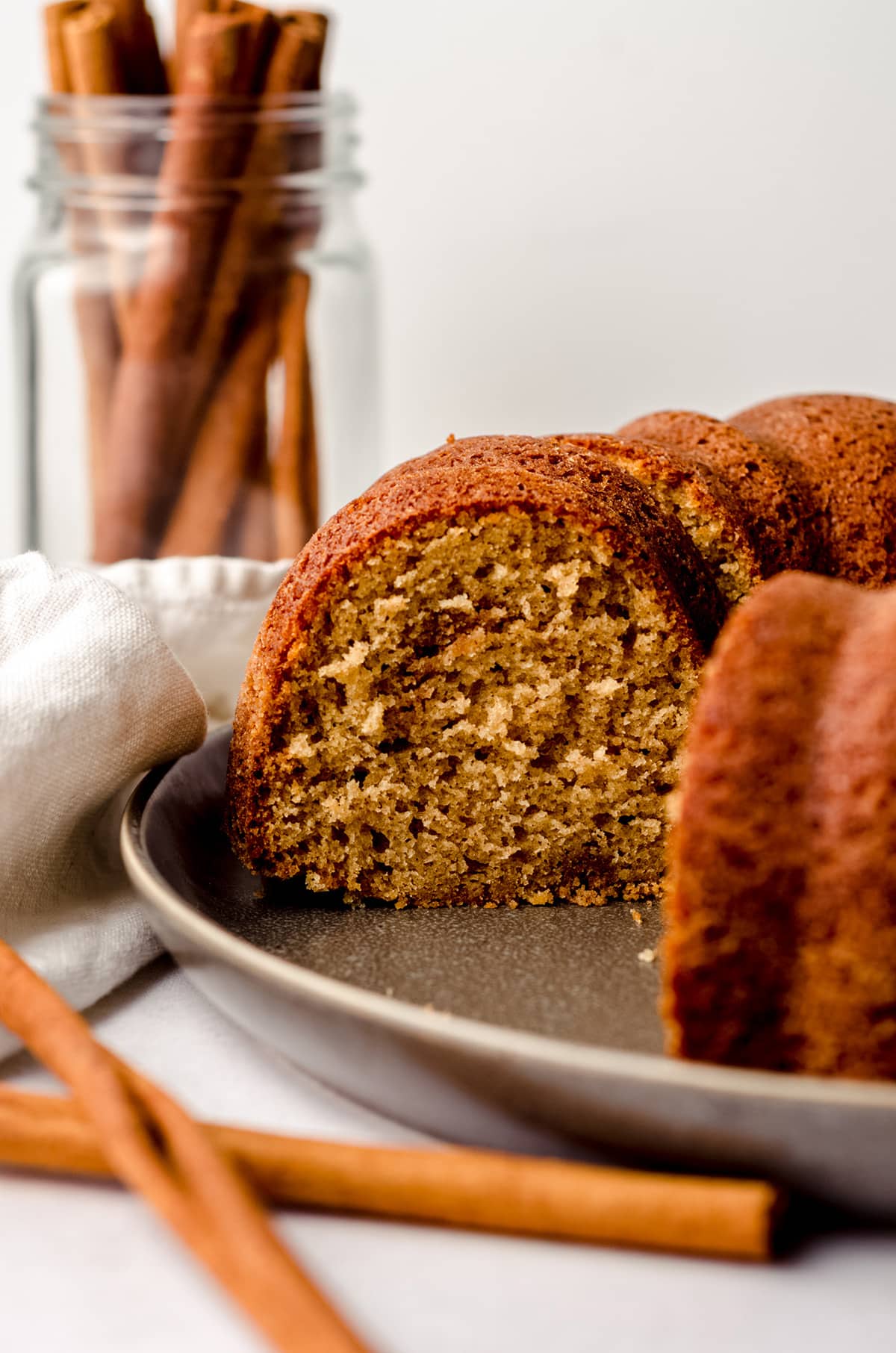 side view of sliced coffee cake bundt cake