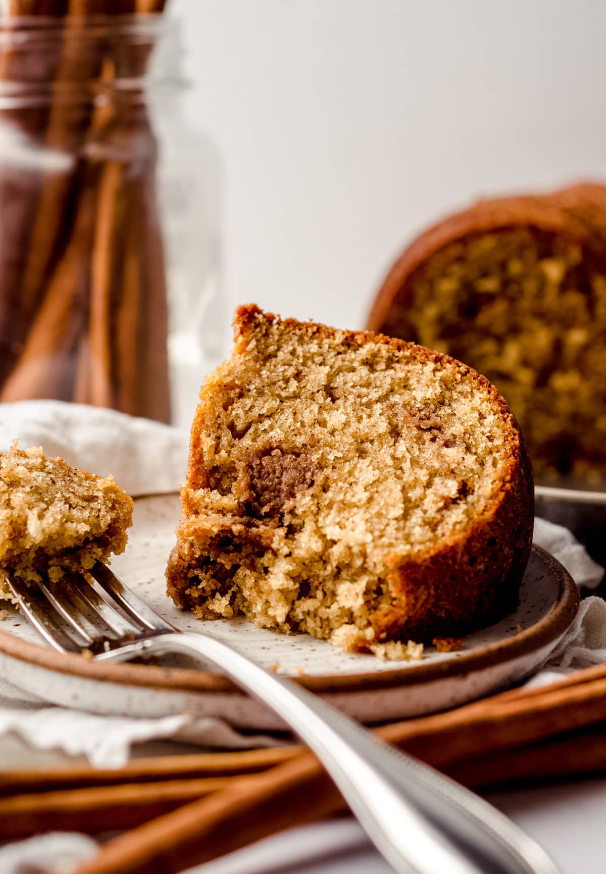 slice of cinnamon streusel coffee cake on a plate with a fork and a bite taken out of it