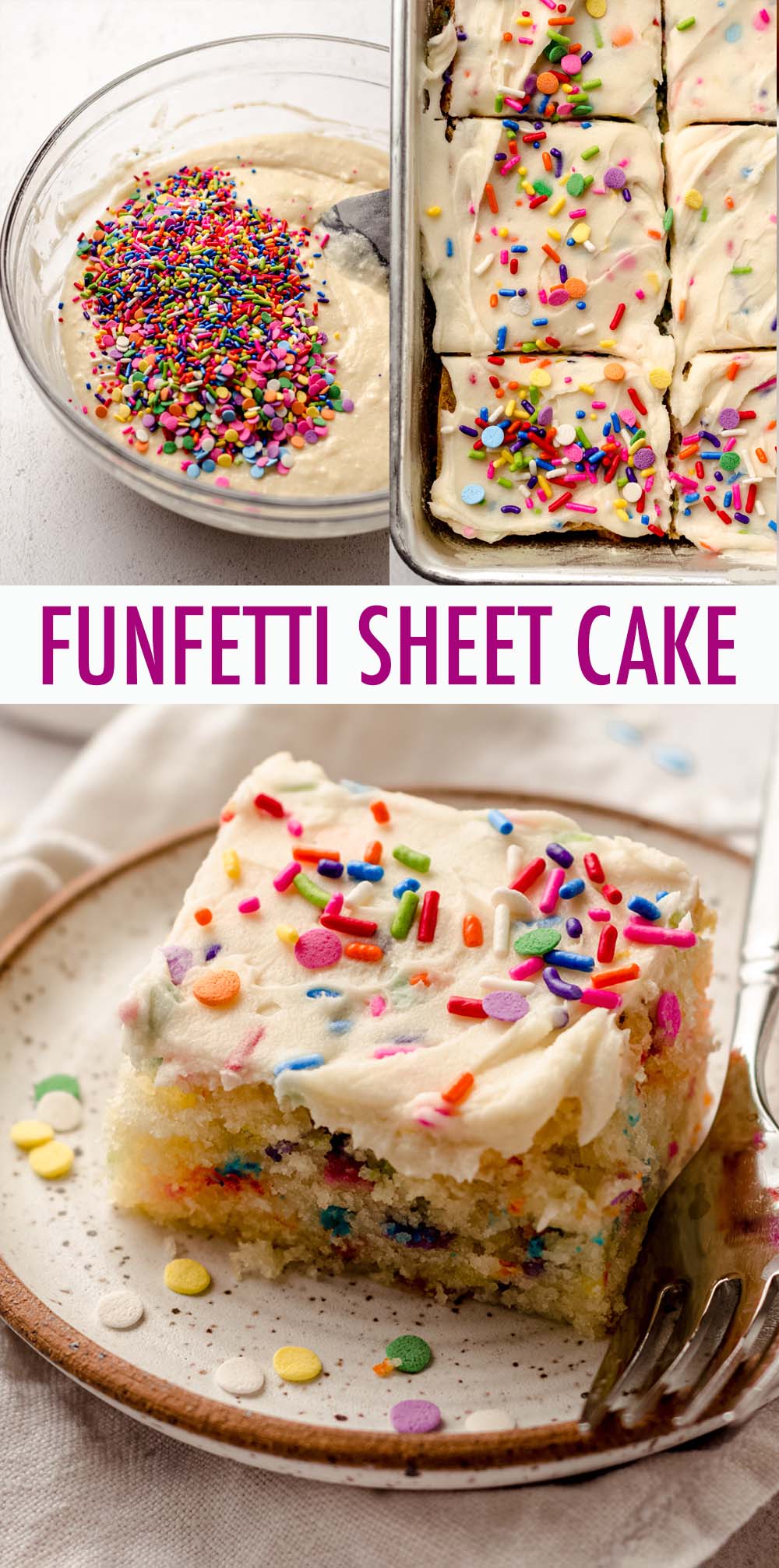 An easy homemade sheet cake recipe full of plenty of sprinkles, topped with a creamy, colorful funfetti buttercream, and ready to help you celebrate any occasion! via @frshaprilflours