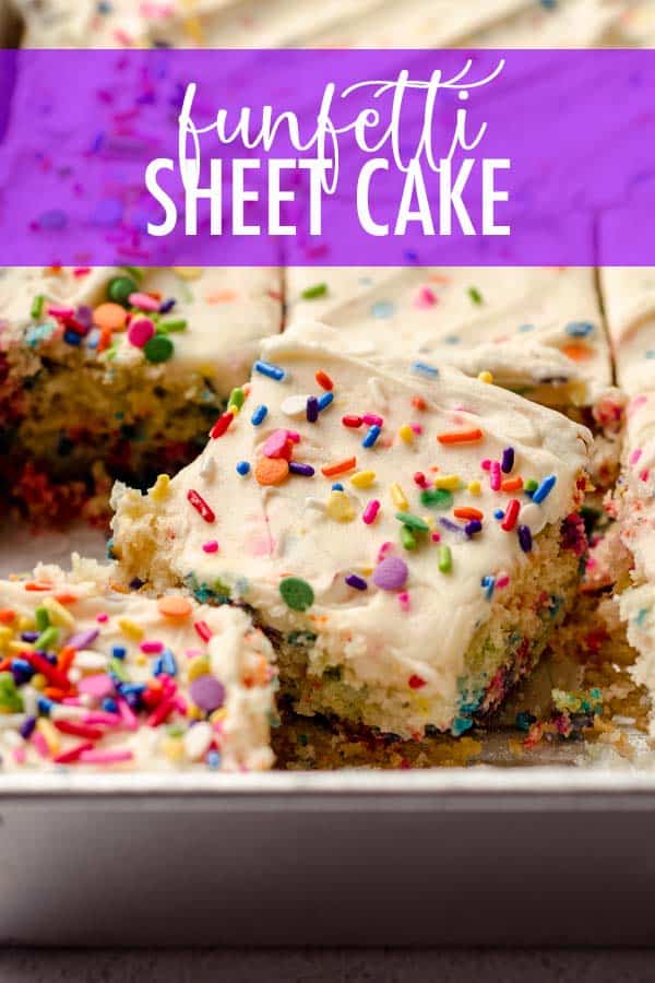 An easy homemade sheet cake recipe full of plenty of sprinkles, topped with a creamy, colorful funfetti buttercream, and ready to help you celebrate any occasion! via @frshaprilflours