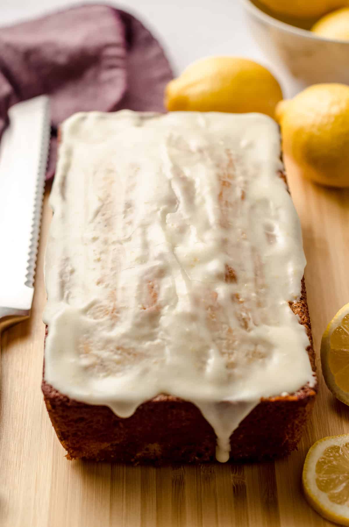 A lemon poppy seed bread, covered with a lemon glaze.