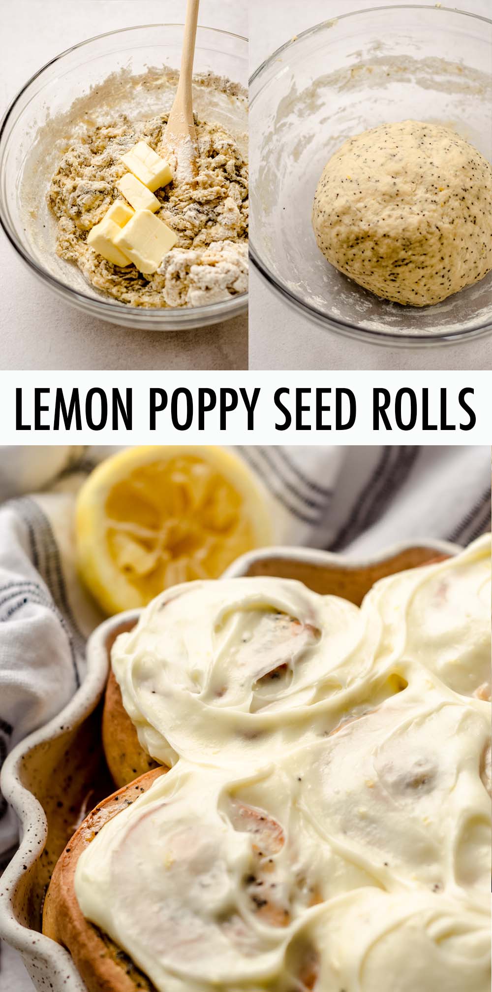 Sweet and tart yeasted lemon poppy seed rolls filled with a buttery sweetened lemon poppy seed filling and topped with a tangy cream cheese frosting. via @frshaprilflours