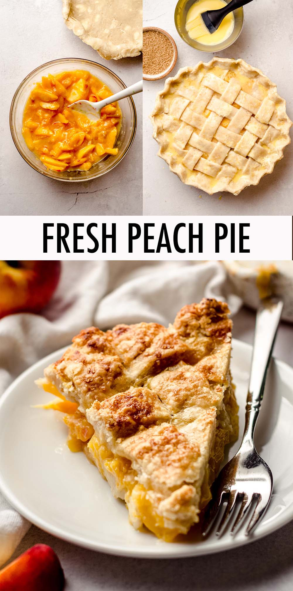 This homemade peach pie recipe features tender, juicy peaches inside a buttery and flaky homemade pie crust. Finish it off with a beautiful lattice top, a sturdy double crust, or a cinnamon streusel topping. via @frshaprilflours