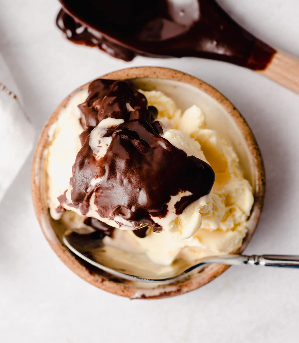 aerial photo of hot fudge sauce on ice cream