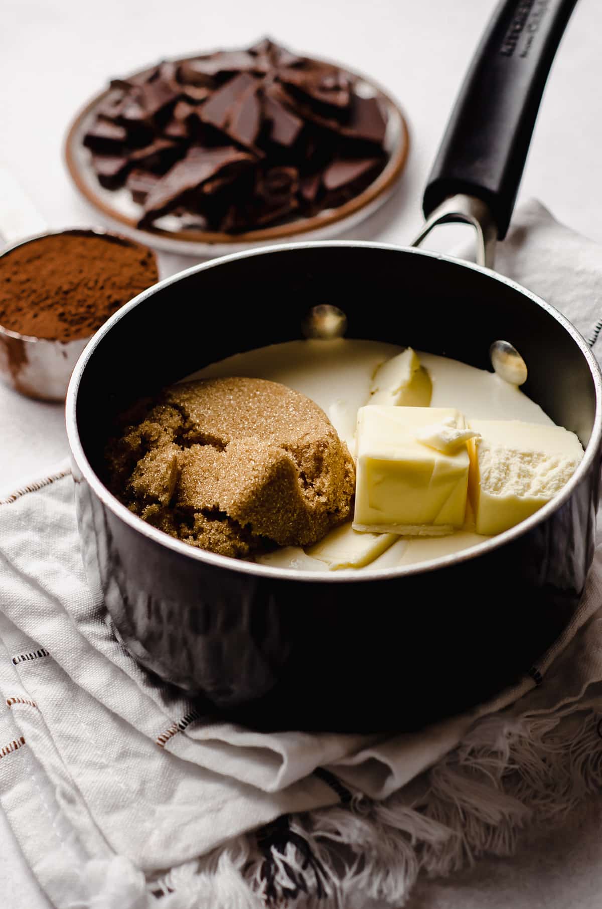 ingredients for hot fudge sauce in a saucepan