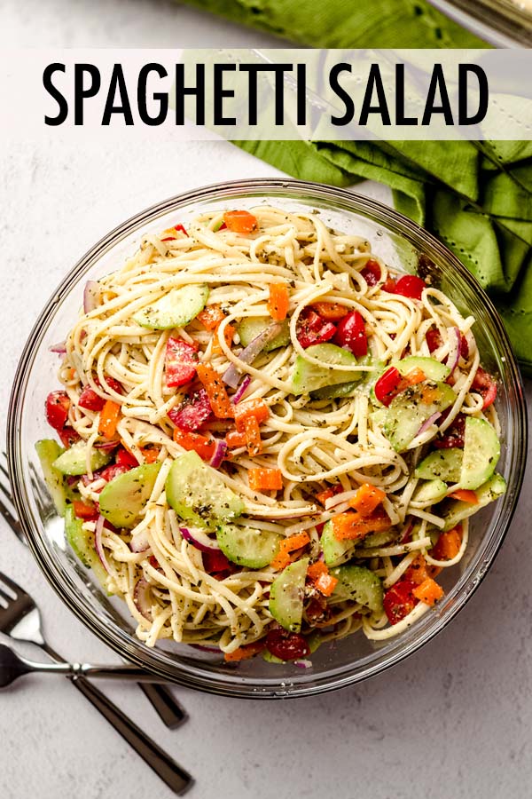 Filled with fresh, crunchy vegetables and dressed in perfectly seasoned Italian dressing, this spaghetti salad recipe is a great replacement for a non-traditional pasta salad recipe. via @frshaprilflours