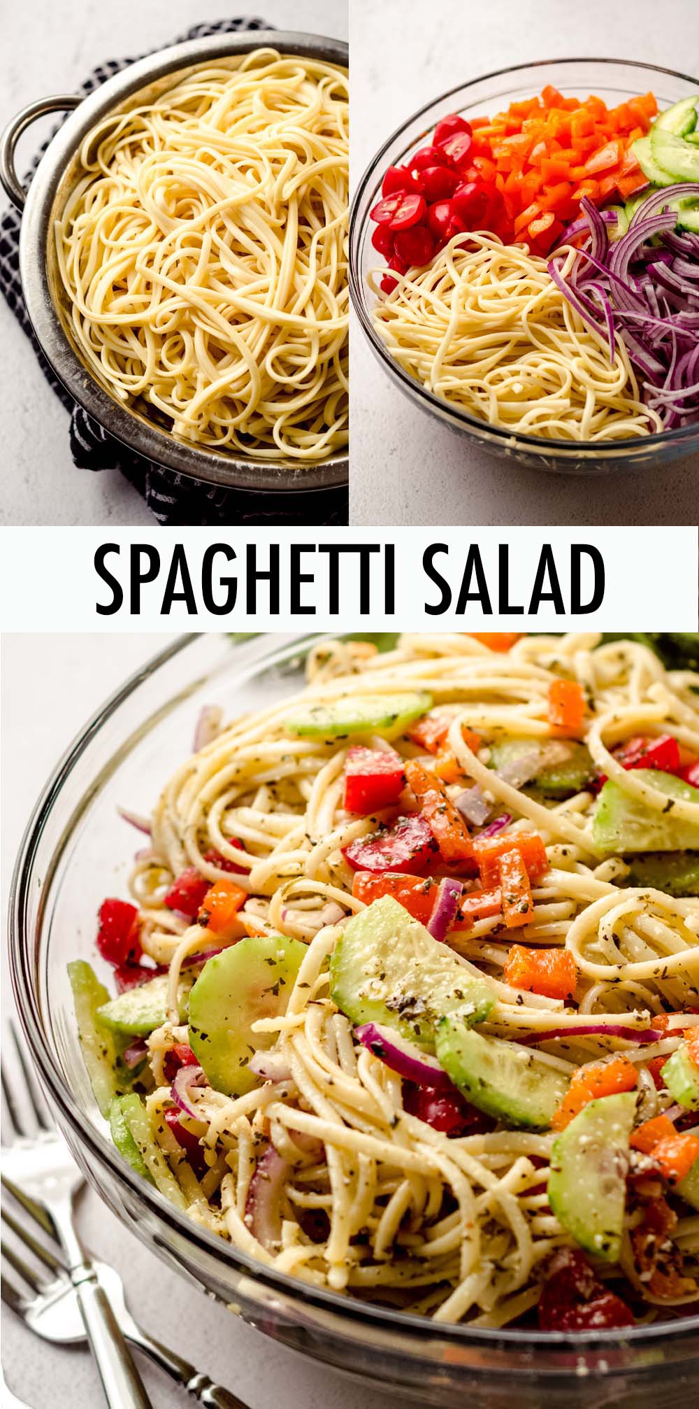 Filled with fresh, crunchy vegetables and dressed in perfectly seasoned Italian dressing, this spaghetti salad recipe is a great replacement for a non-traditional pasta salad recipe. via @frshaprilflours