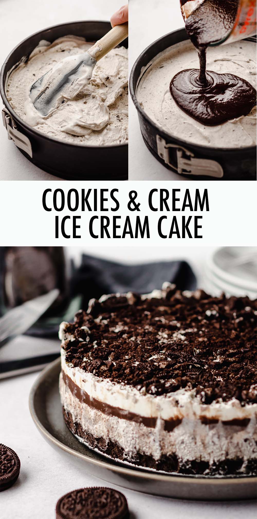 Make your own easy layered ice cream cake at home with store-bought ice cream, gooey hot fudge, creamy whipped cream topping, and plenty of Oreos in each bite. via @frshaprilflours