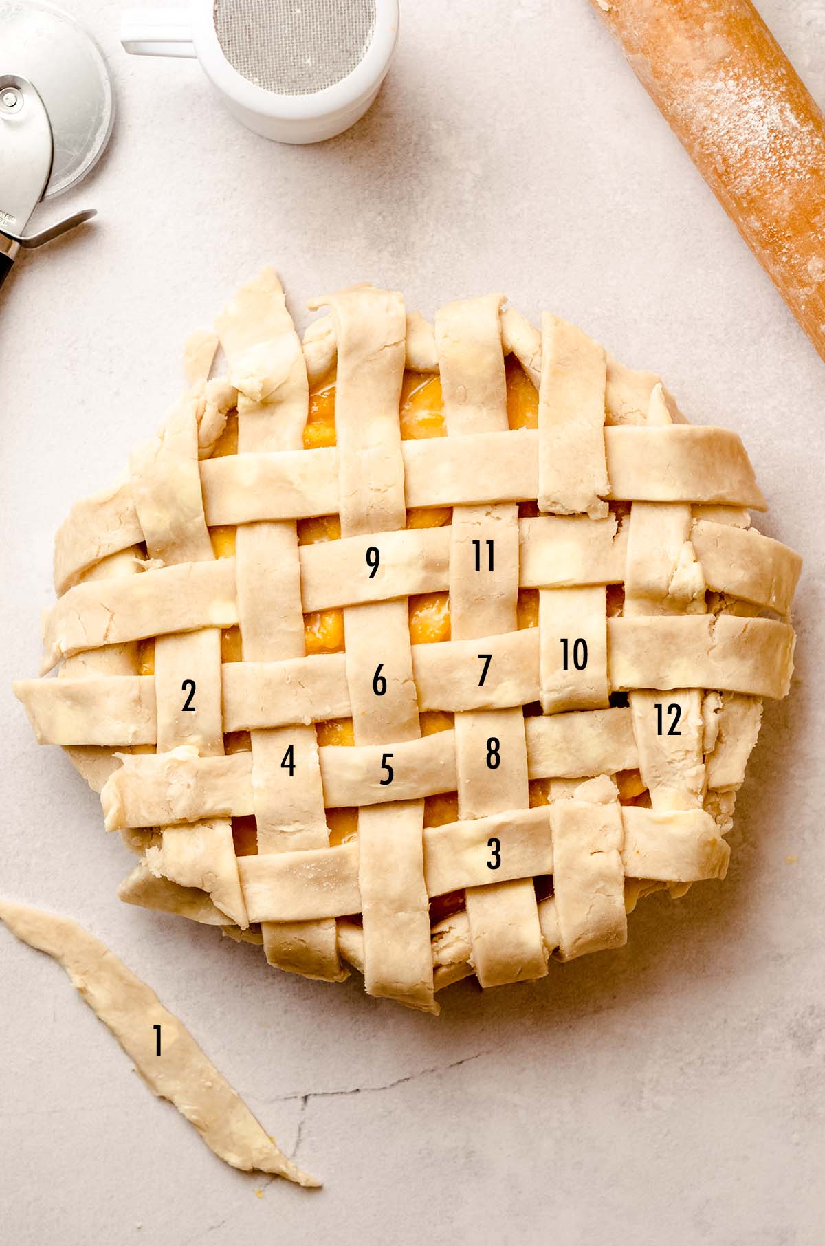 A pie with numbered strips of pie dough to make a lattice.