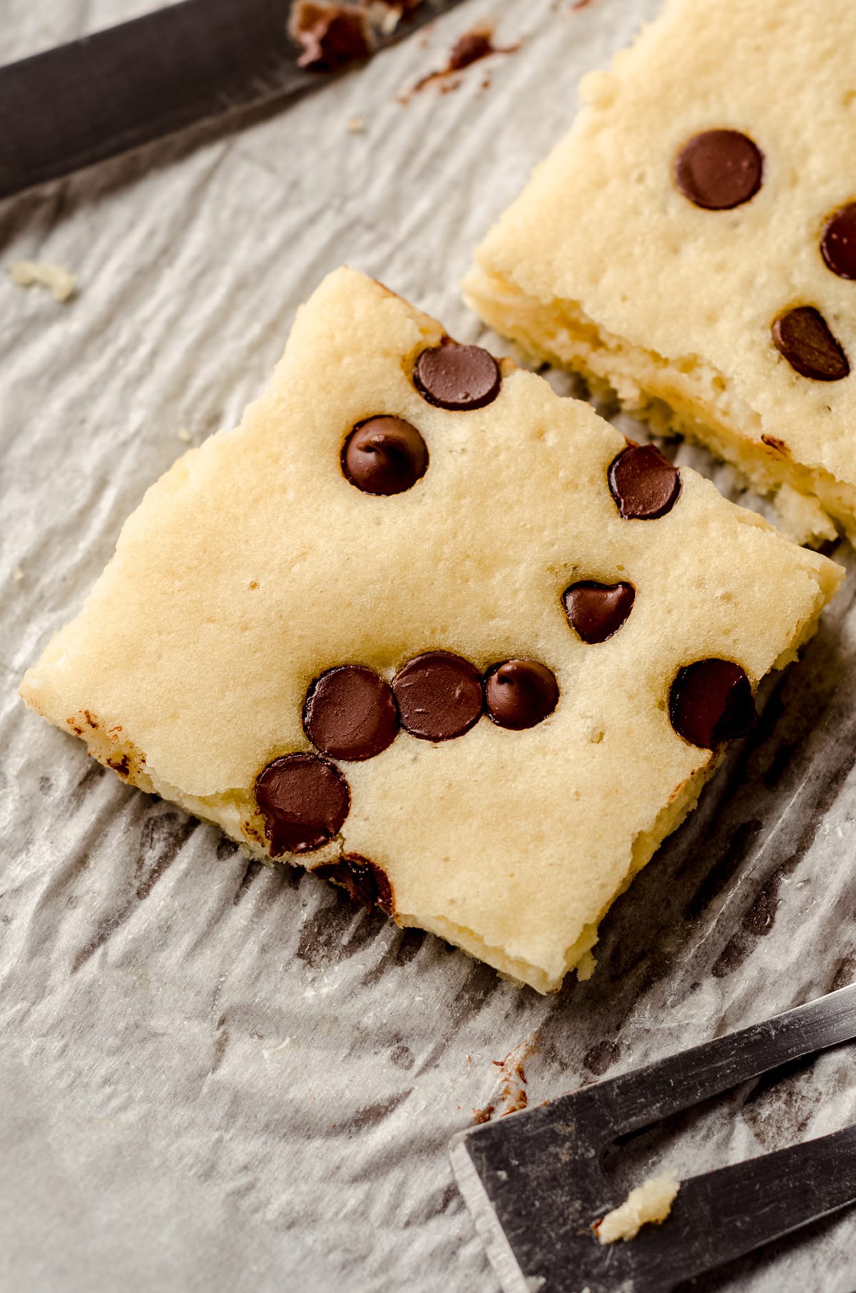 square of chocolate chip sheet pan pancakes