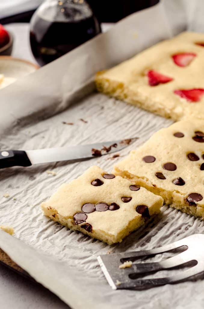 sheet pan pancakes on a large baking sheet