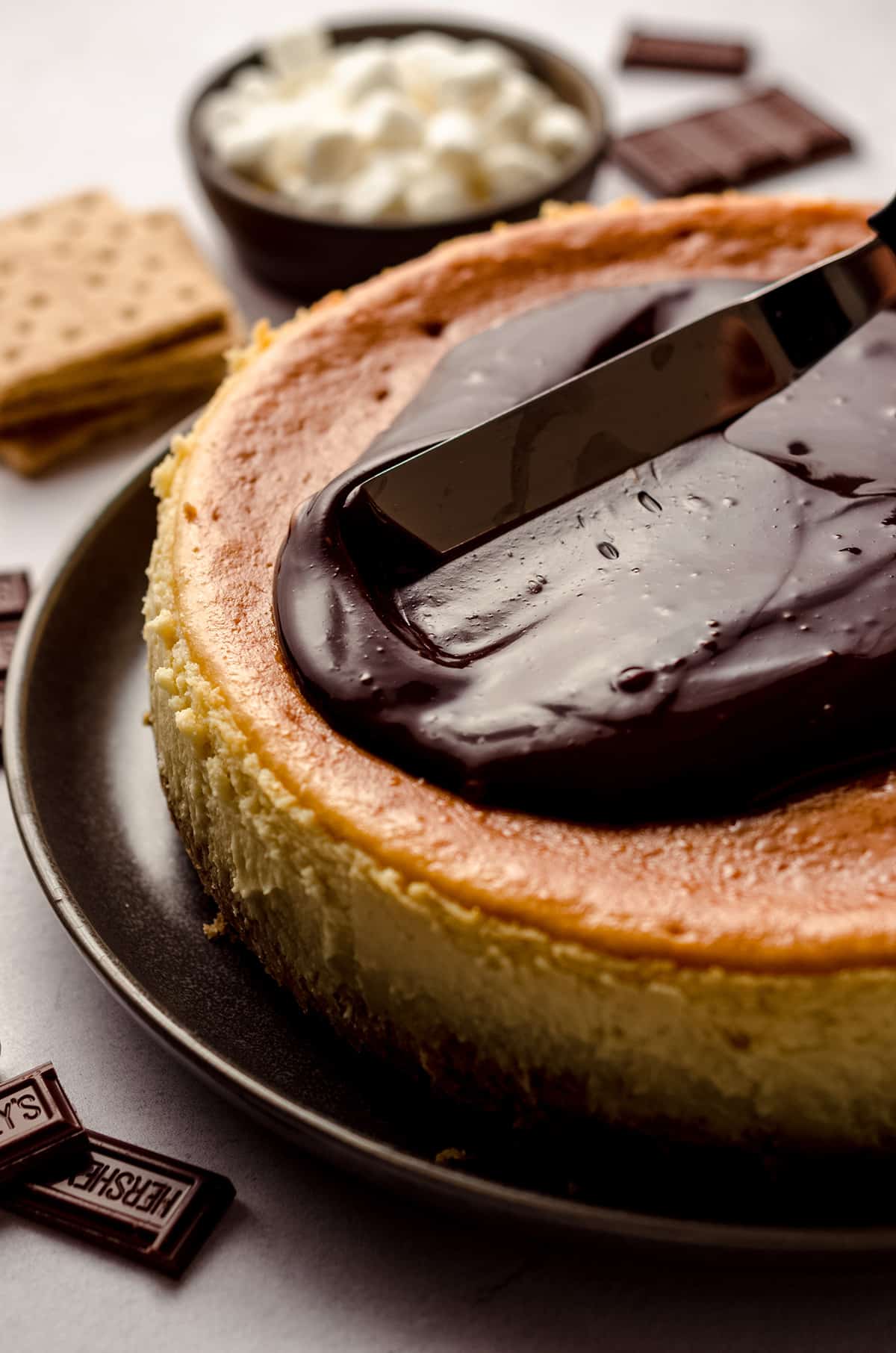 Spreading hot fudge sauce over the surface of a baked cheesecake.