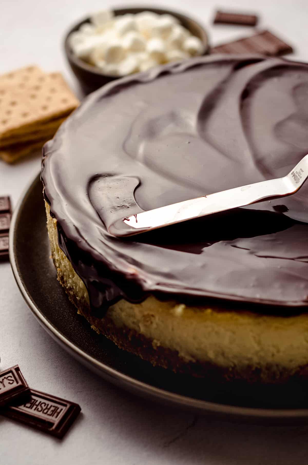 Spreading hot fudge sauce over the surface of a baked cheesecake.
