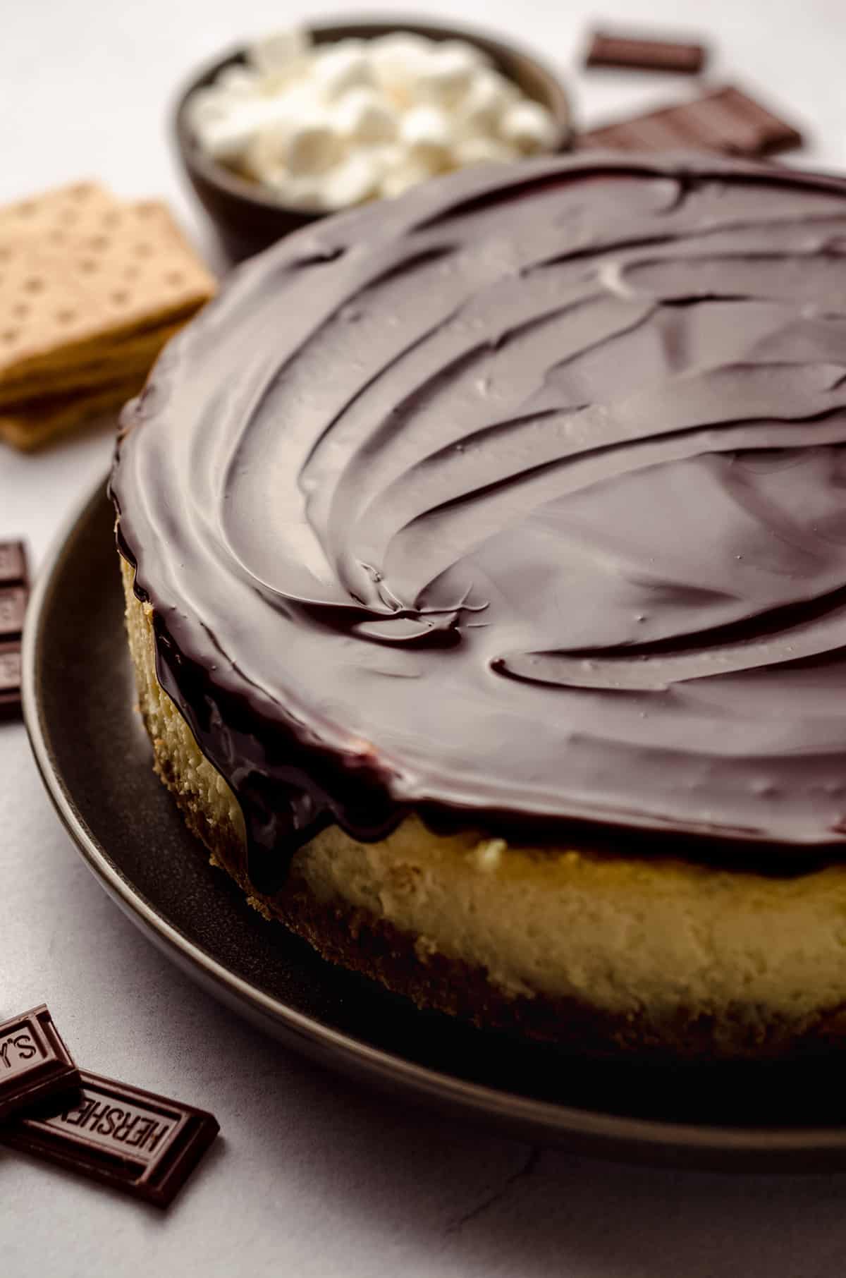 A smooth chocolate topping on a baked cheesecake.