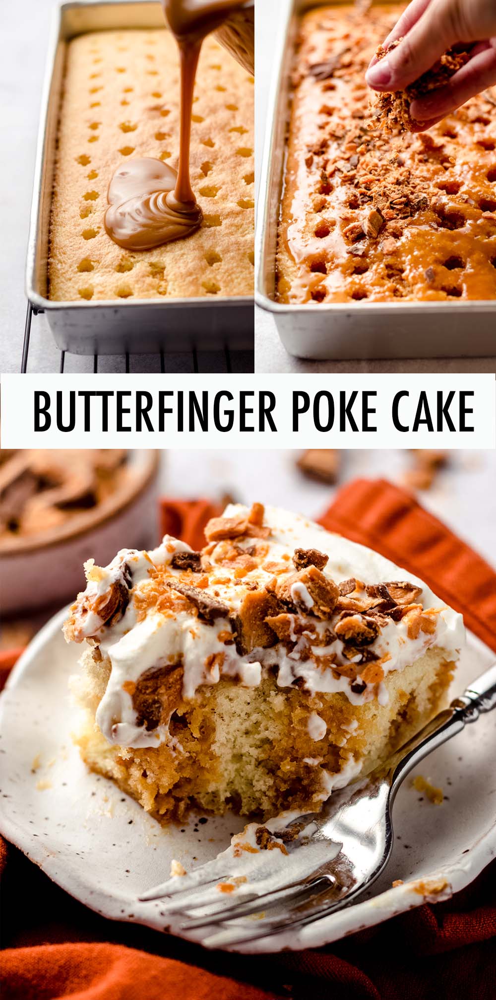 This easy poke cake recipe starts with a yellow box mix that, once baked, gets soaked in a sweetened condensed milk and caramel sauce topping. Top the cake with a simple whipped topping that gets sandwiched between two layers of chopped Butterfinger bars, and you have yourself an easy Butterfinger cake! via @frshaprilflours
