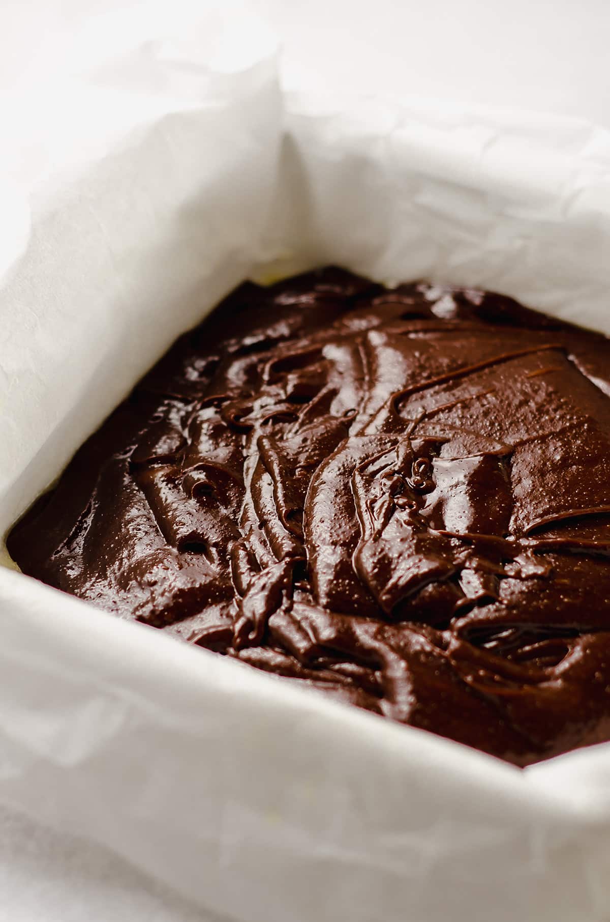 brownie batter in a pan ready to bake