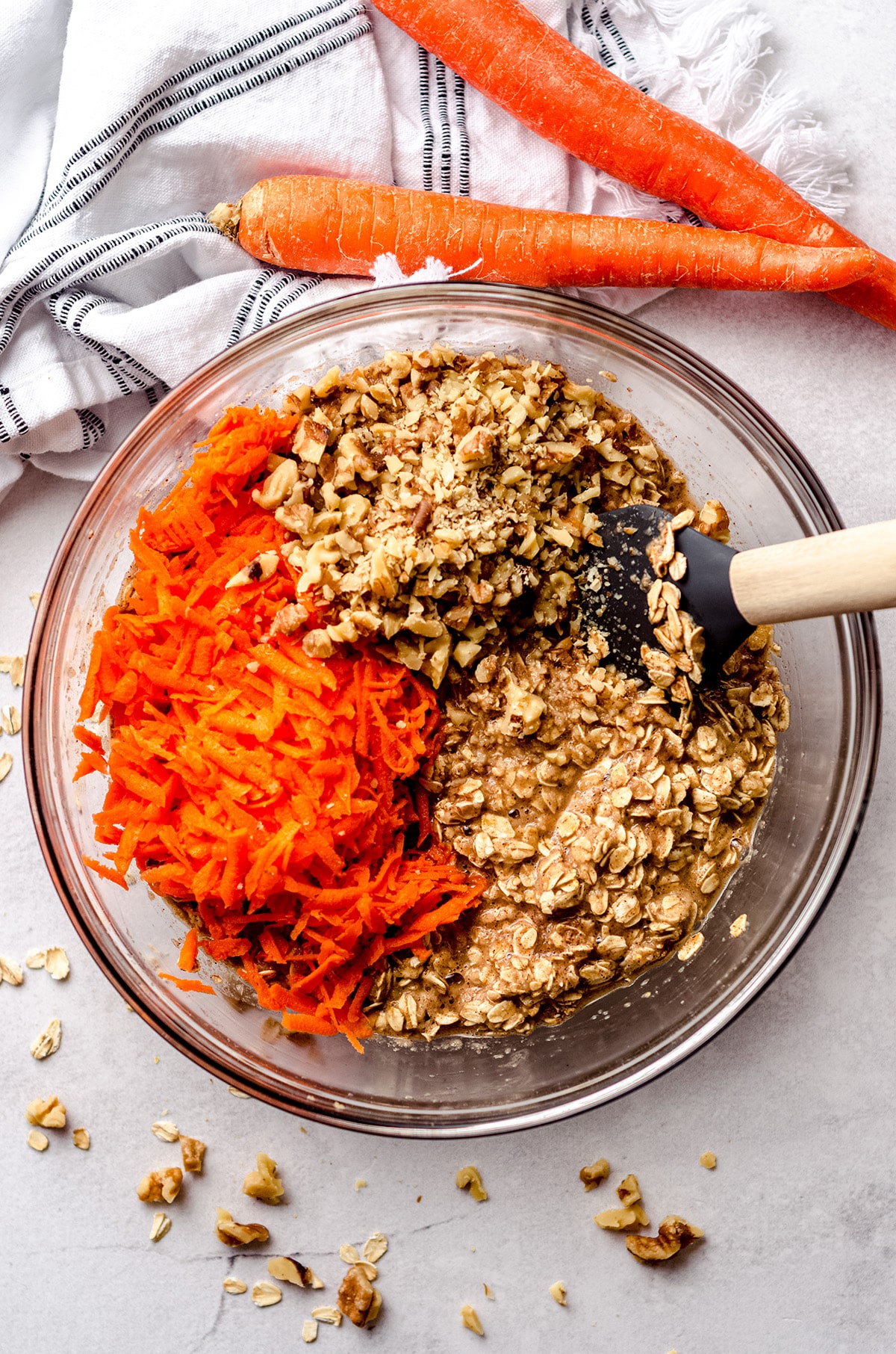 aerial photo of mixture for carrot cake baked oatmeal