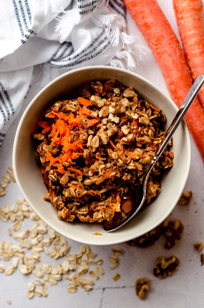 aerial photo of a bowl of carrot cake baked oatmeal