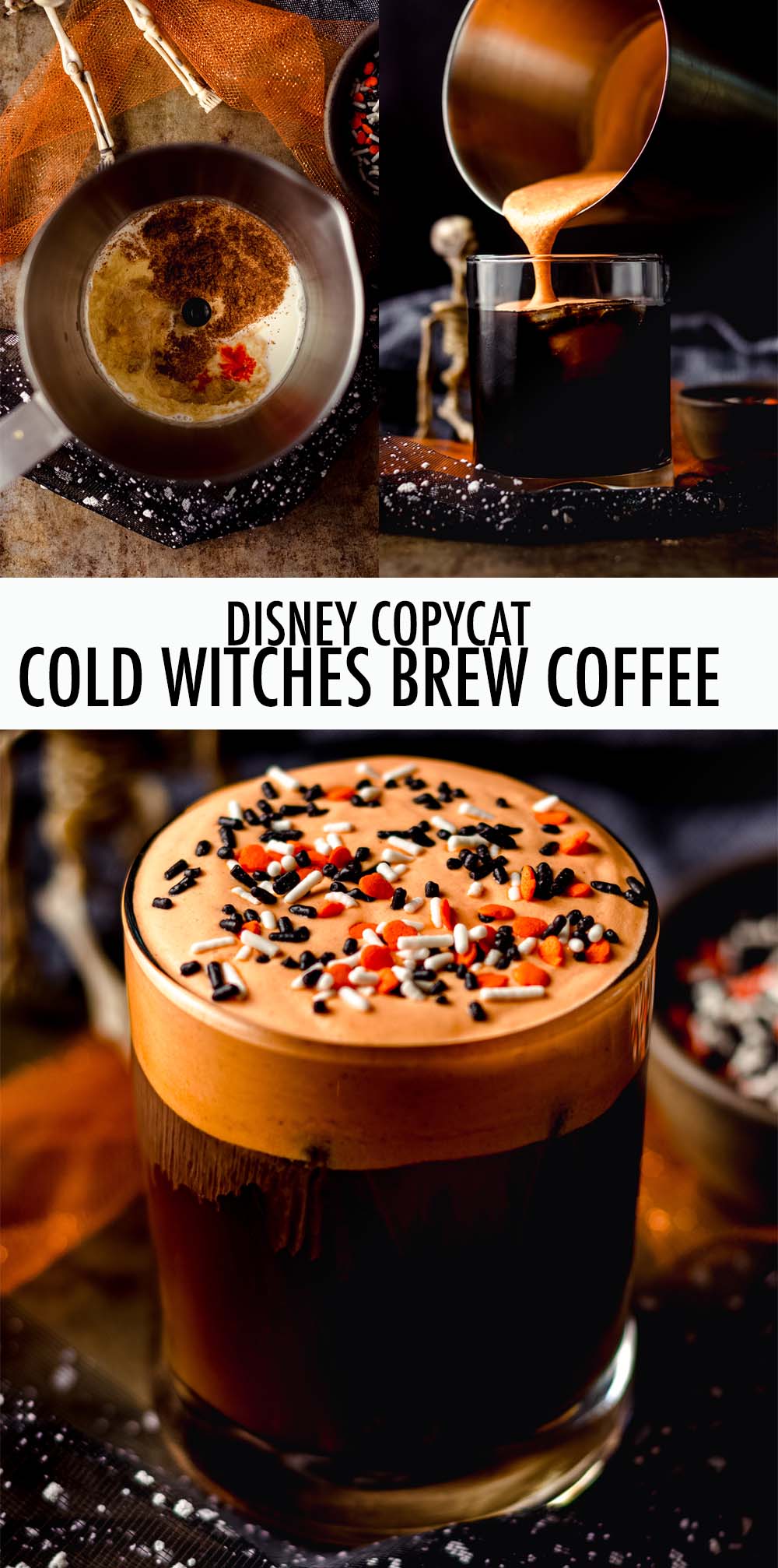 French vanilla cold brew coffee topped with orange-tinted pumpkin spiced cold foam and garnished with Halloween sprinkles, just like the version from Disney World! via @frshaprilflours