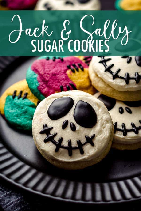 You only need to split ONE batch of cookie dough in half to get both of these adorable Nightmare Before Christmas cookies. Keep the dough as is for the Jack Skellington cookies, then tint the other half three different colors for Sally's stitched up cookies. via @frshaprilflours