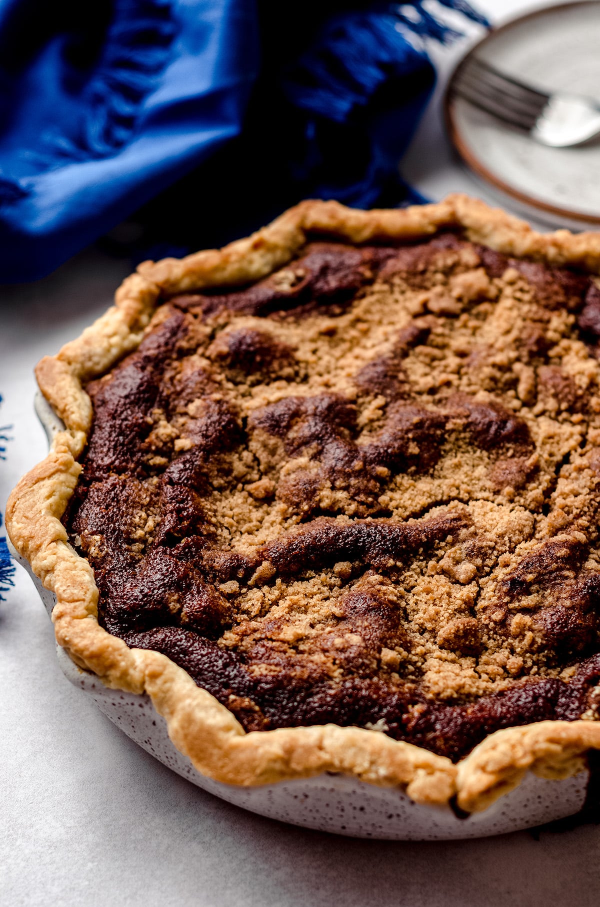 A baked shoofly pie with a crumb topping.