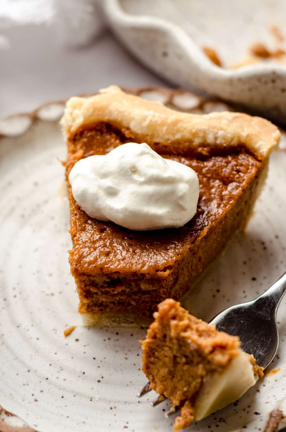 A slice of sweet potato pie topped with whipped cream.