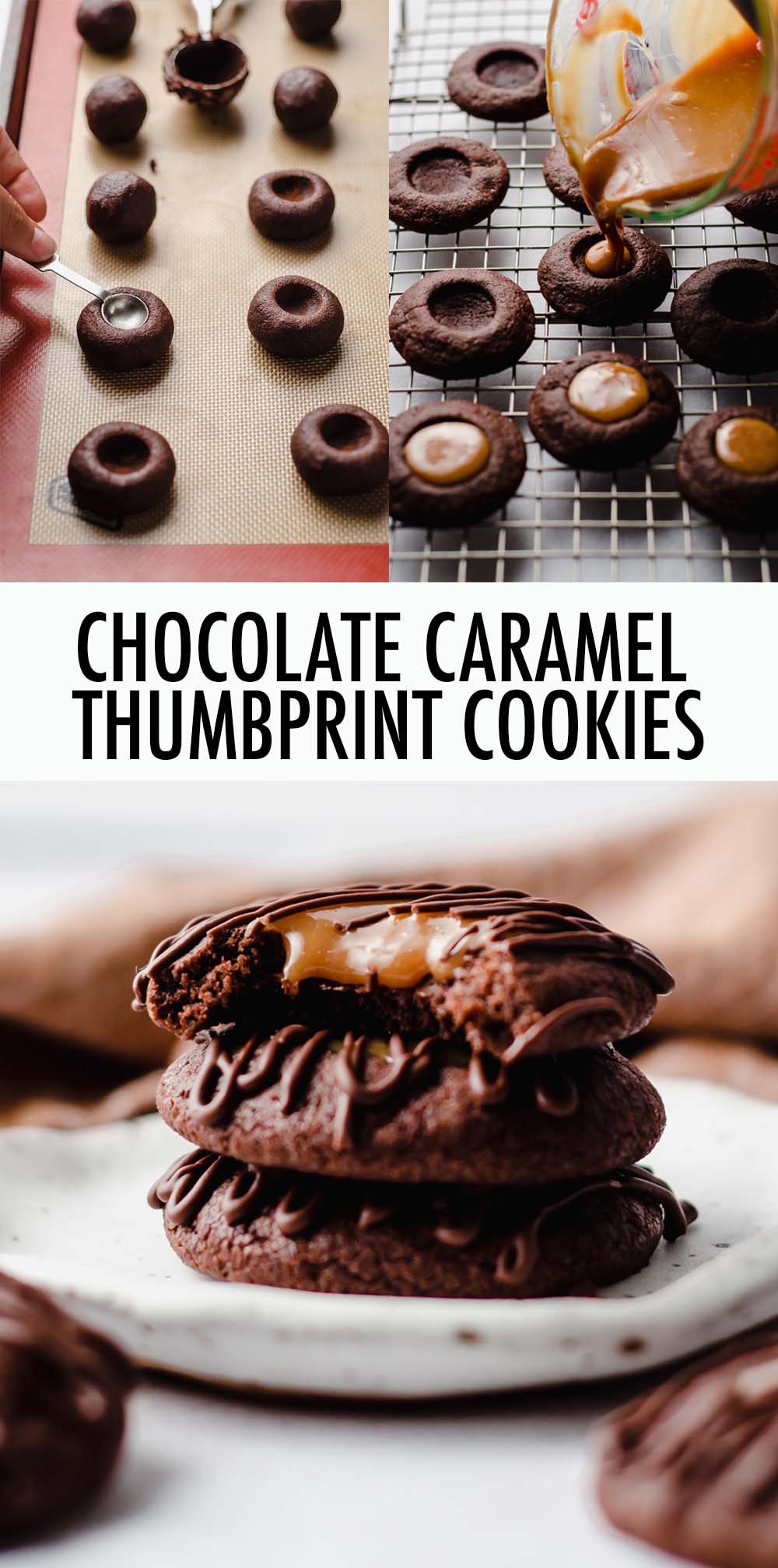 Rich, chocolatey thumbprint cookies filled with a soft and gooey salted caramel and topped off with a simple chocolate drizzle. via @frshaprilflours