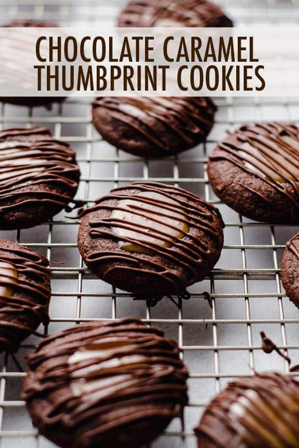 Rich, chocolatey thumbprint cookies filled with a soft and gooey salted caramel and topped off with a simple chocolate drizzle. via @frshaprilflours