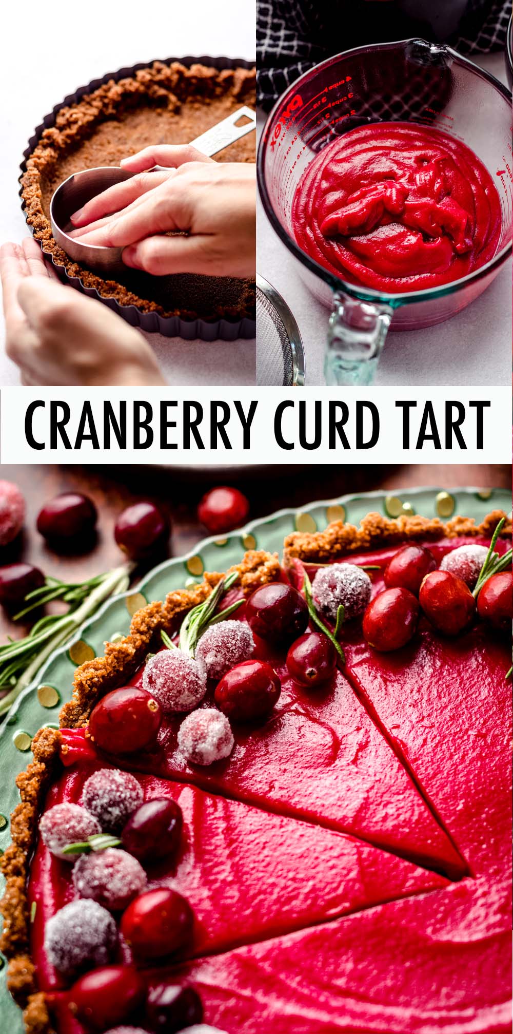 This gorgeous tart is made entirely of cranberry curd made with fresh cranberries and orange juice atop a spiced gingersnap crust. Top your cranberry curd tart with sugared cranberries, whipped cream, or your favorite seasonal topping. via @frshaprilflours