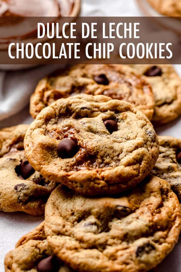 Turn traditional chocolate chip cookies into something with a little extra pizzaz by swirling them with dulce de leche! This is a no chill cookie recipe that yields gooey and chewy cookies every time. via @frshaprilflours