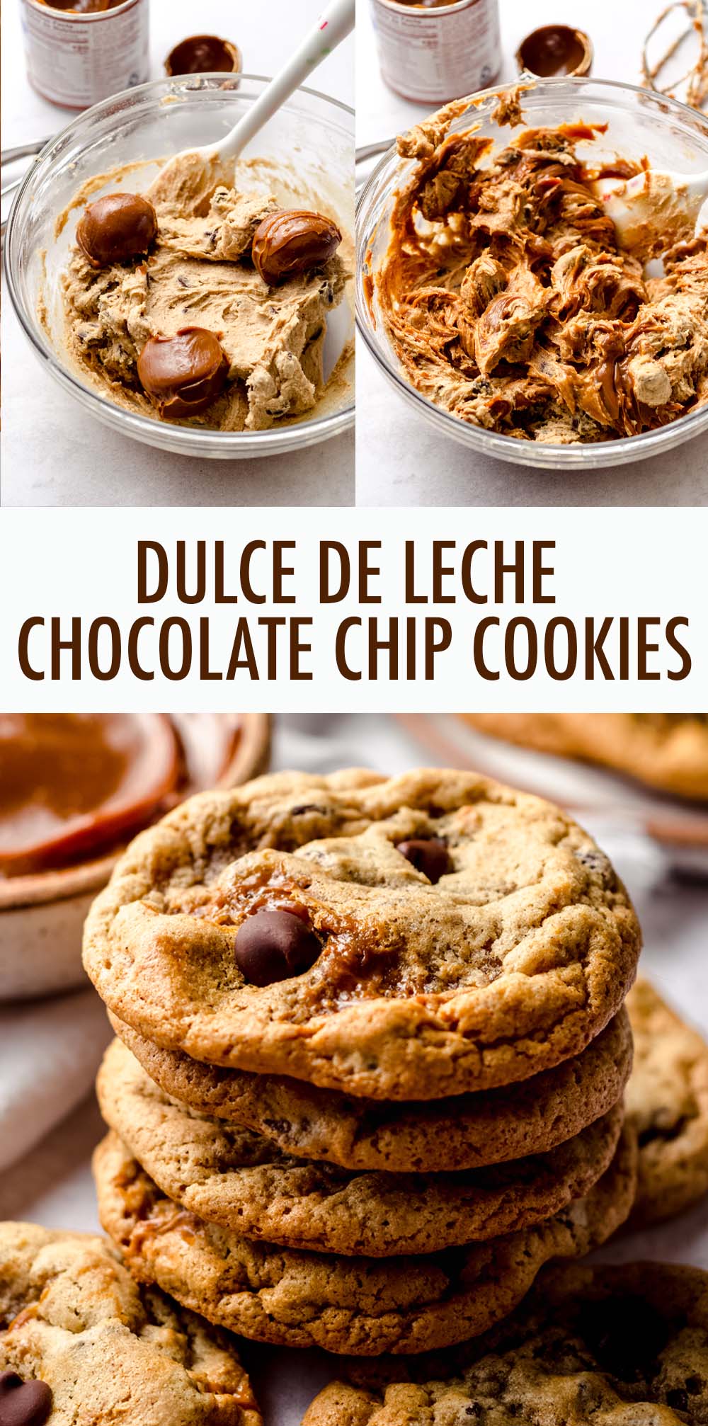 Turn traditional chocolate chip cookies into something with a little extra pizzaz by swirling them with dulce de leche! This is a no chill cookie recipe that yields gooey and chewy cookies every time. via @frshaprilflours