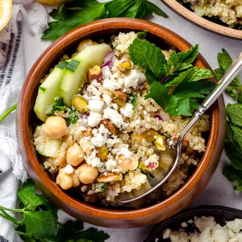 bowl of jennifer aniston salad in a bowl with a spoon