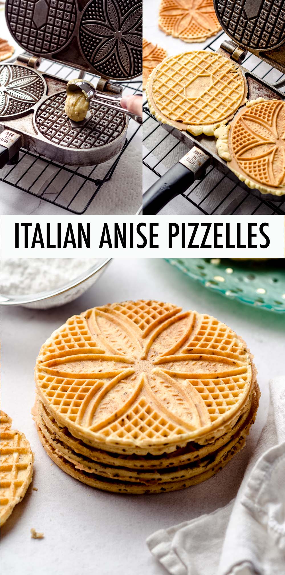 Thin Italian waffle cookies featuring optional anise flavoring for an authentic Italian treat. Perfect with a cup of coffee or espresso and a family favorite at Christmas time. Dust with powdered sugar for an extra sweet touch! via @frshaprilflours