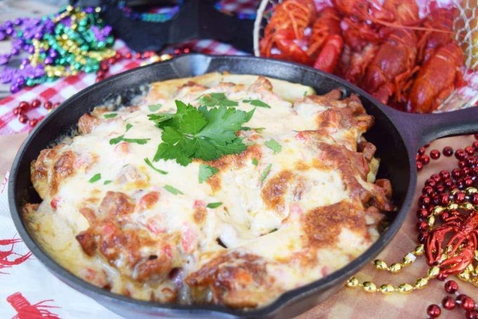 A skillet of andouille sausage and crawfish pimento cheese fries.