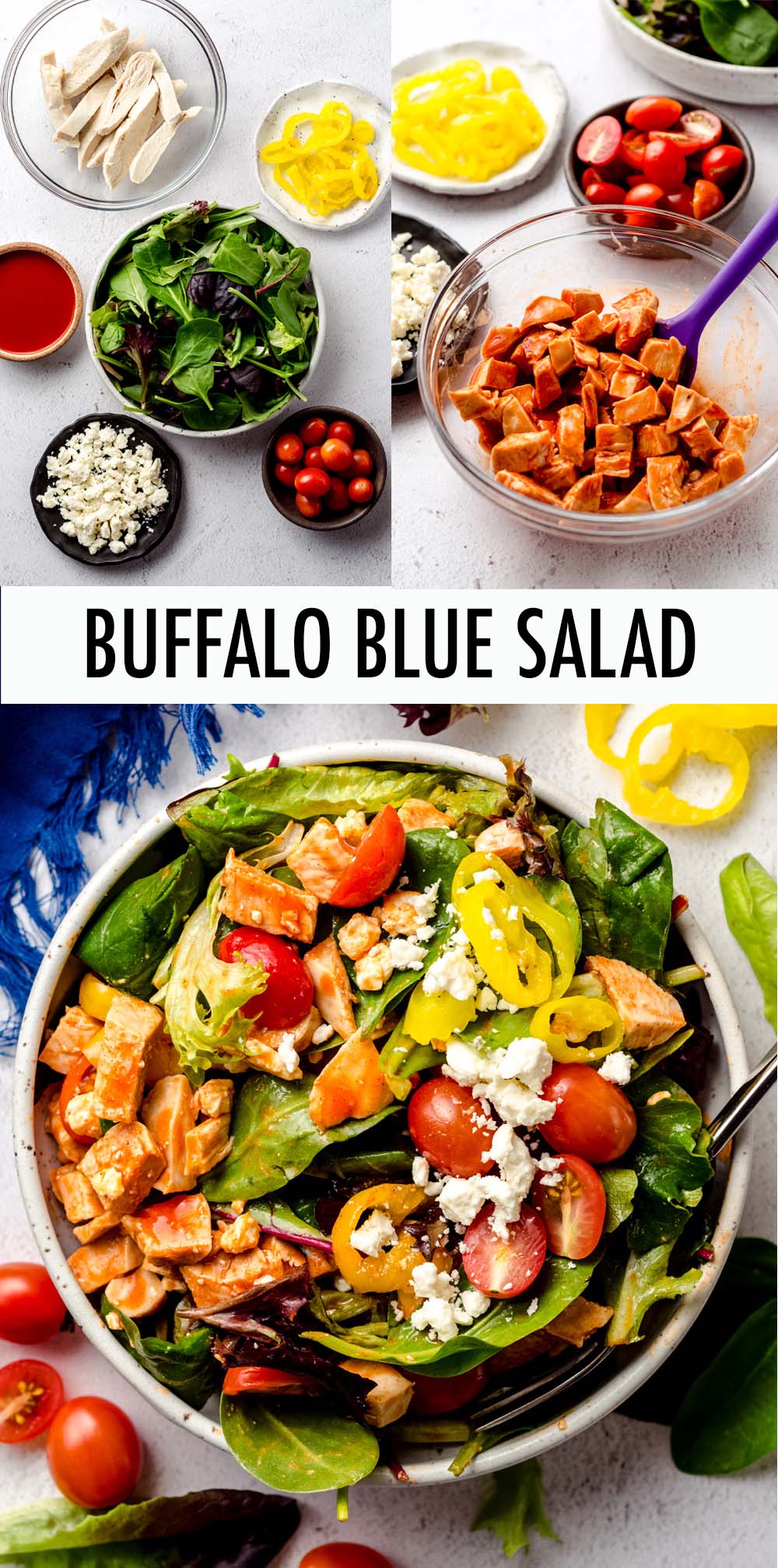 Buffalo Blue Salad: This protein-packed salad features spicy buffalo chicken, crisp banana peppers, juicy grape tomatoes, and tangy blue cheese crumbles. via @frshaprilflours