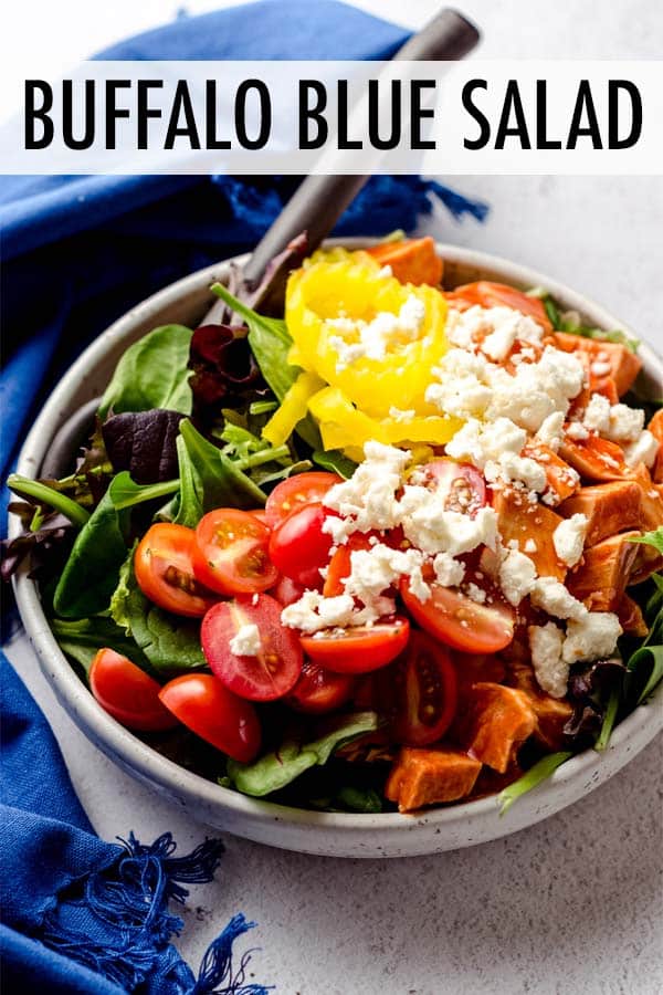 Buffalo Blue Salad: This protein-packed salad features spicy buffalo chicken, crisp banana peppers, juicy grape tomatoes, and tangy blue cheese crumbles. via @frshaprilflours