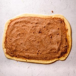 A rectangle of yeast dough with cinnamon sugar filling on it to make homemade cinnamon rolls.