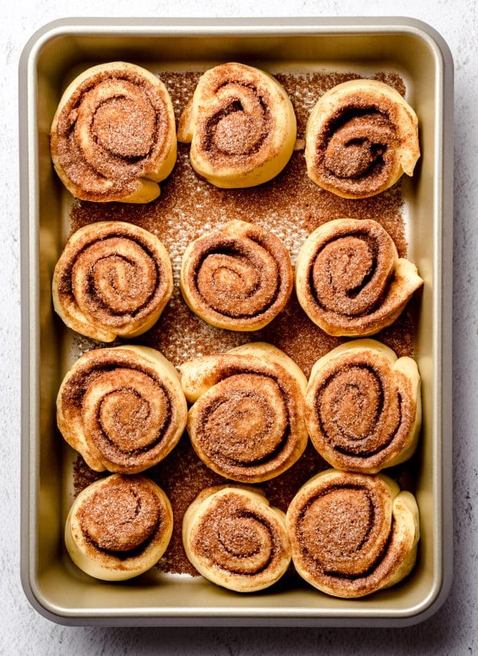 Aerial photo of risen, unbaked cinnamon rolls in a baking pan.