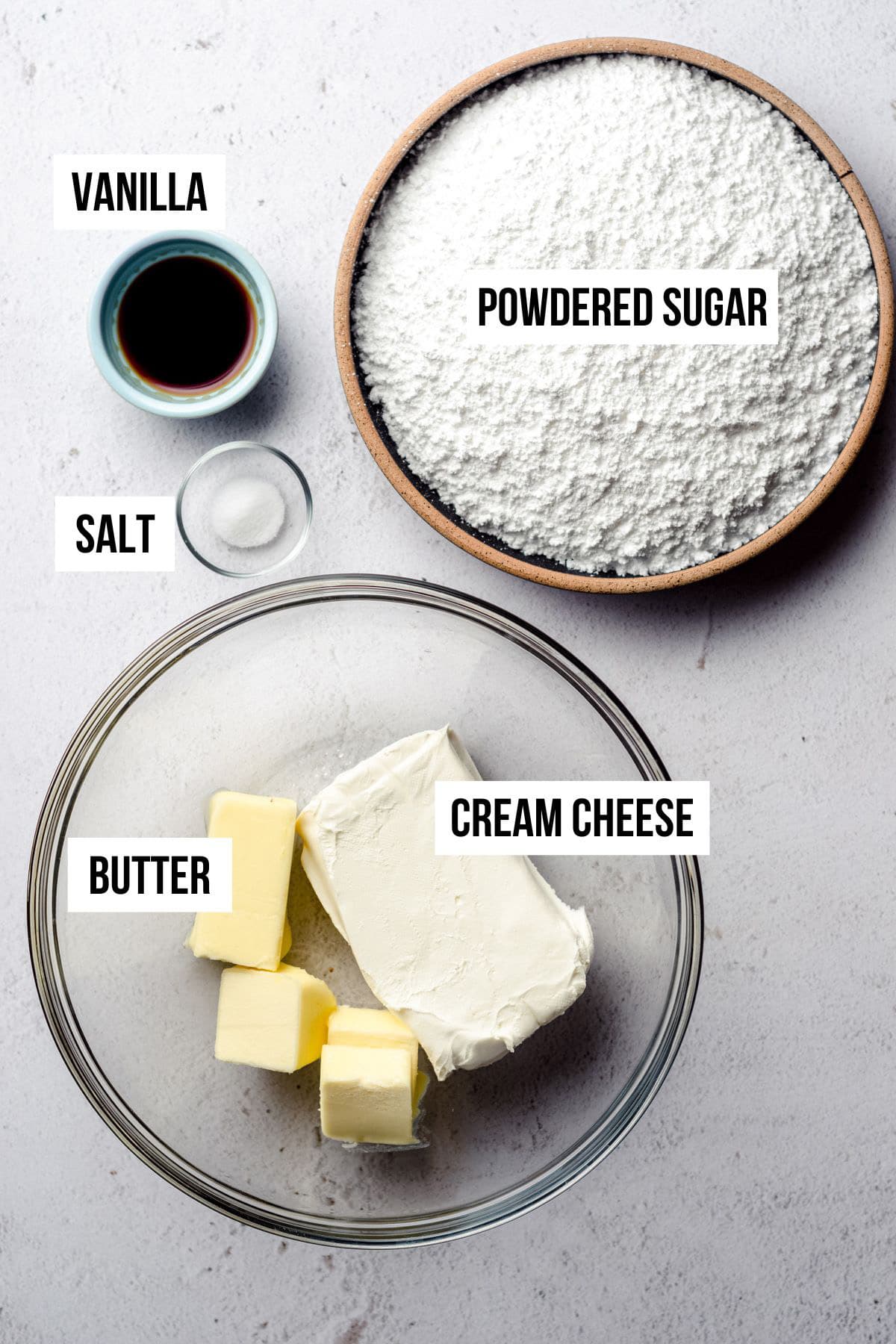 ingredients for cream cheese frosting with text overlay each ingredient