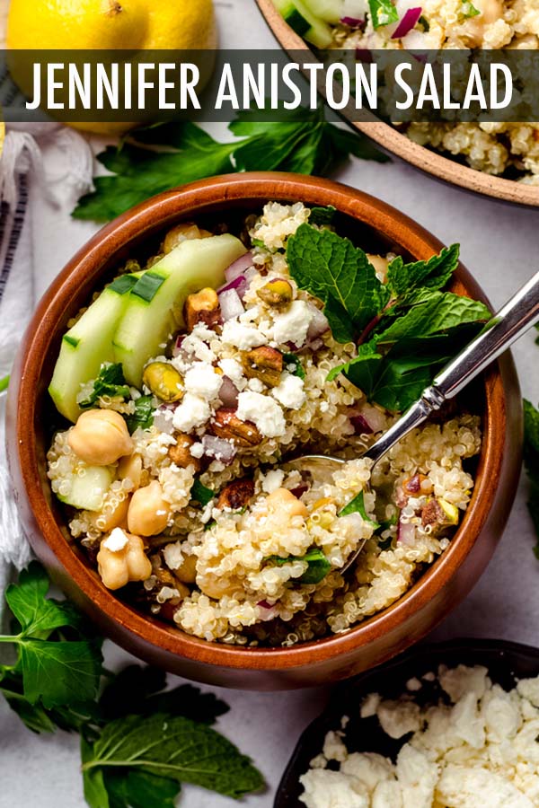 This viral Jennifer Aniston salad recipe is made from a base of hearty quinoa, nutty chickpeas, crunchy pistachios, crispy cucumber, and tangy feta cheese. Complementary flavors include red onion, lemon, parsley, and mint that make this delicious salad a fresh new option as a side or main dish. via @frshaprilflours