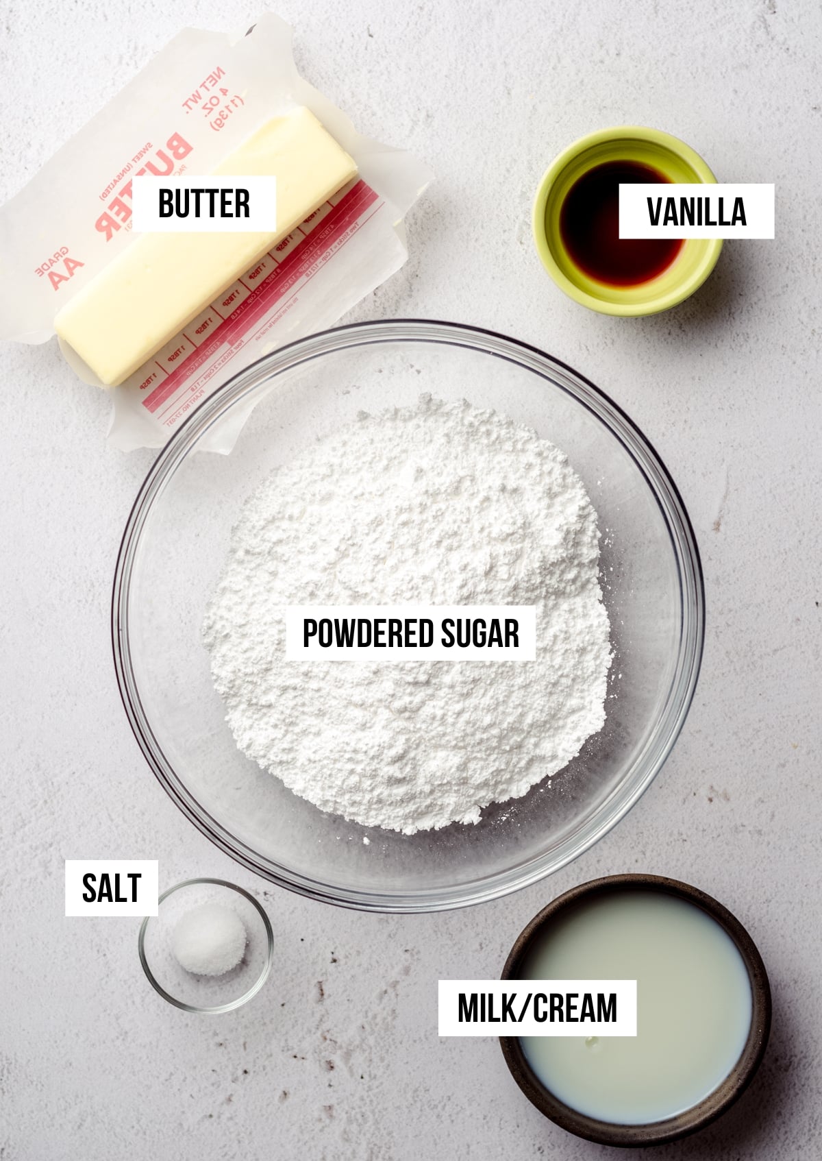Aerial photo of labeled ingredients for vanilla buttercream.