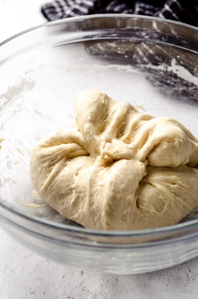 A sourdough dough that has been stretched and folded.