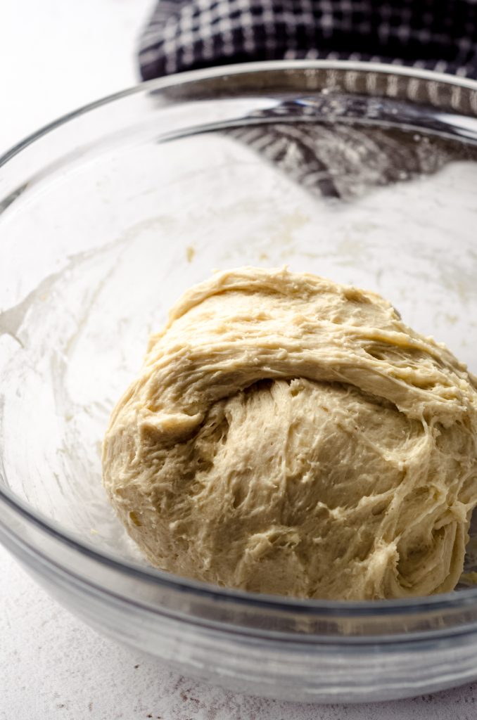 A sourdough dough that has been stretched and folded.