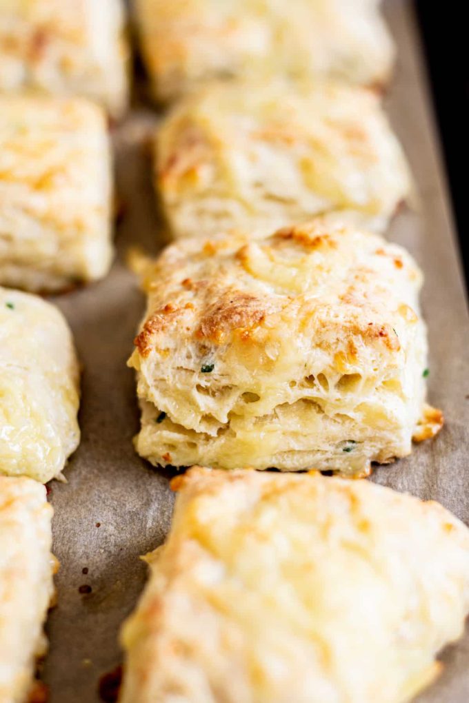 Cheese scones on a baking sheet with parchment.