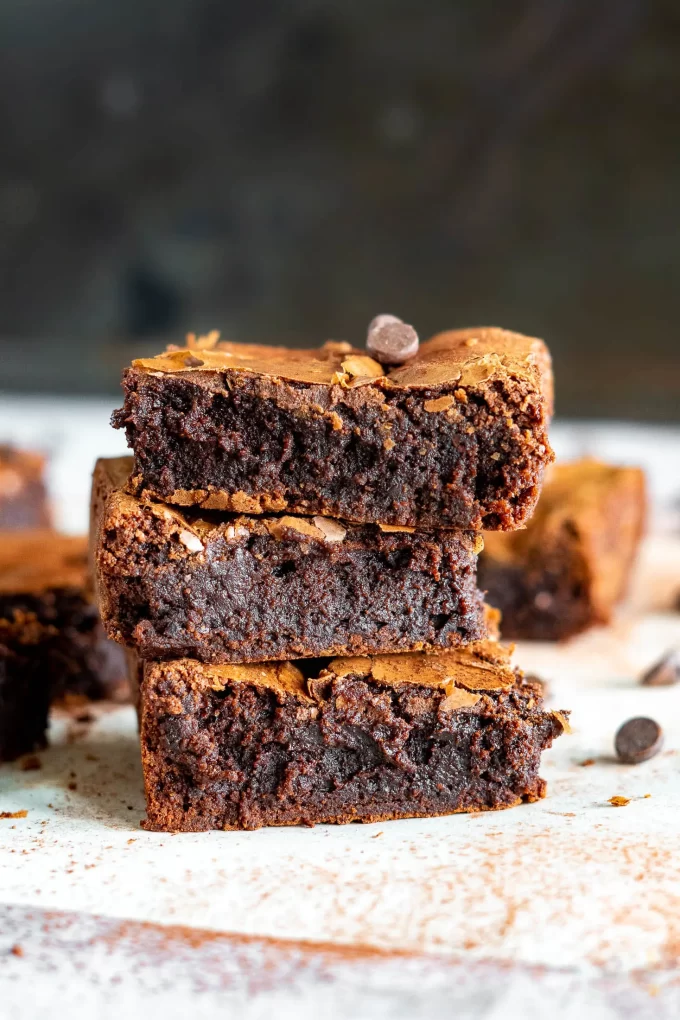 A stack of sourdough brownies. 