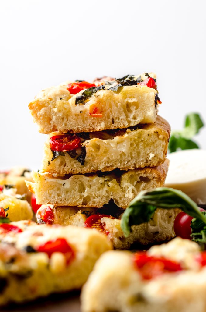 A stack of caprese focaccia.