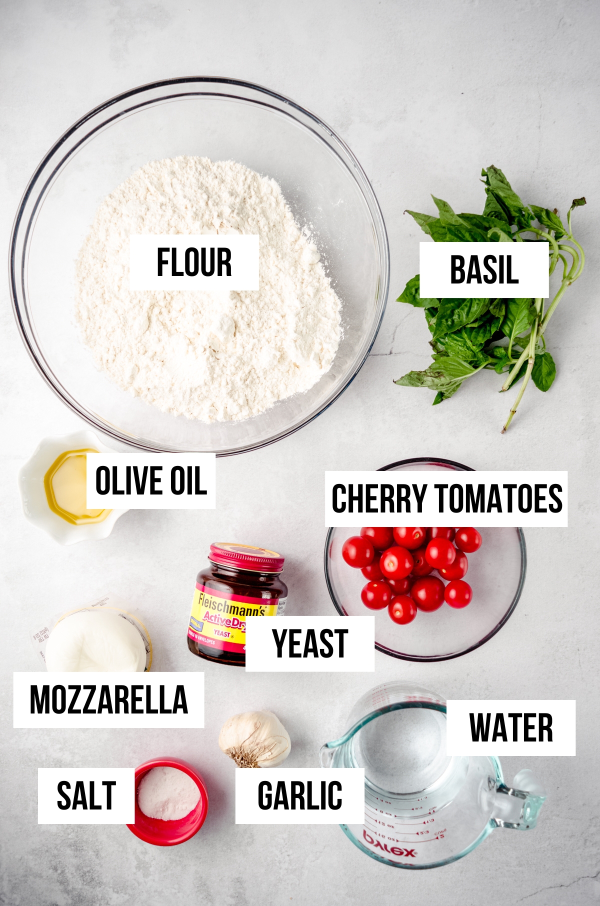 Ingredients for caprese focaccia with text overlay.
